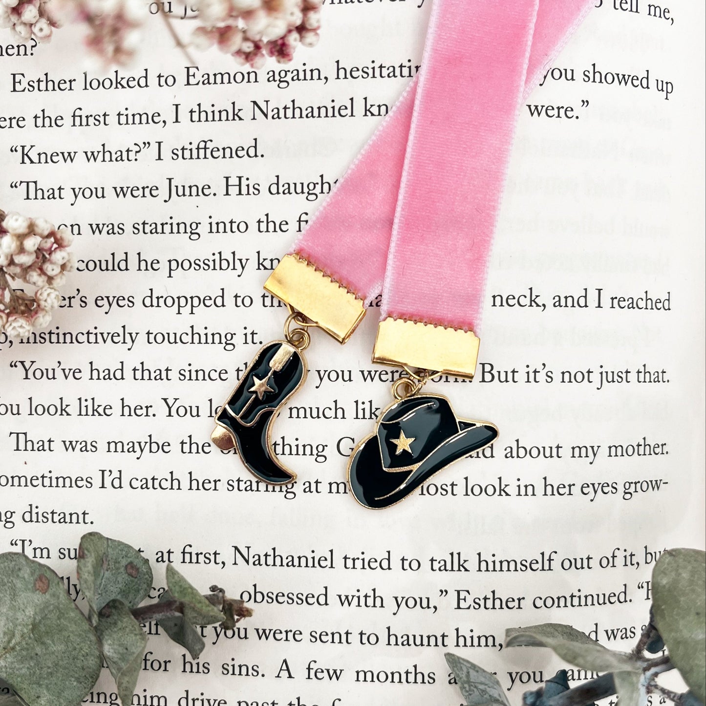 Pink ribbon with black cowboy hat charm