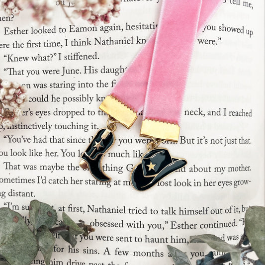 Pink ribbon with black cowboy hat charm 