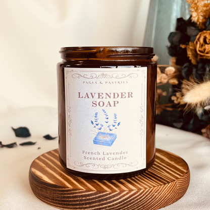 Lavender soap candle on a wooden stand with a blurred background